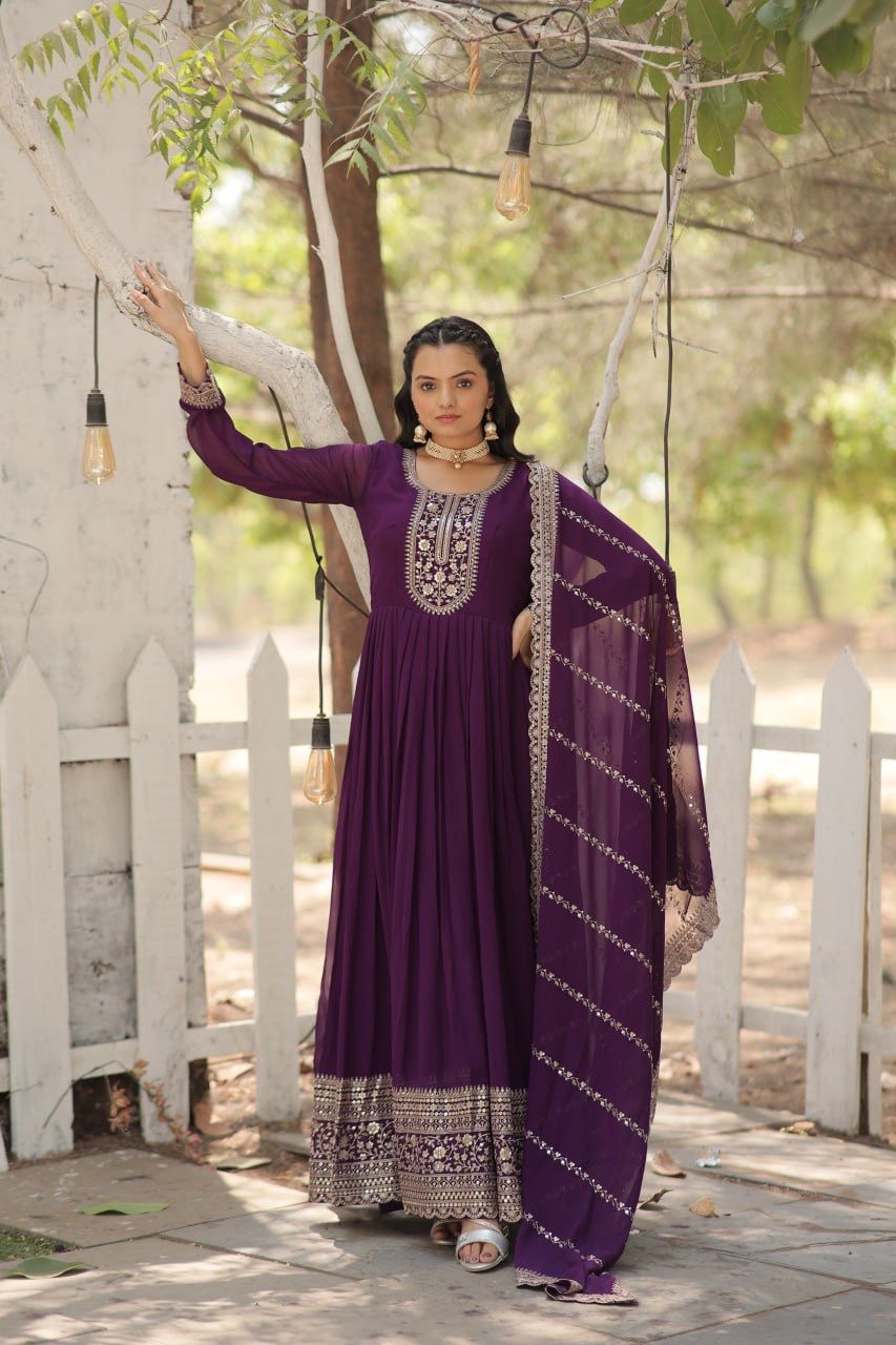 Evanik Purple Faux Blooming Gown with Dupatta With Attractive Embroidered Sequins work | Grocsy