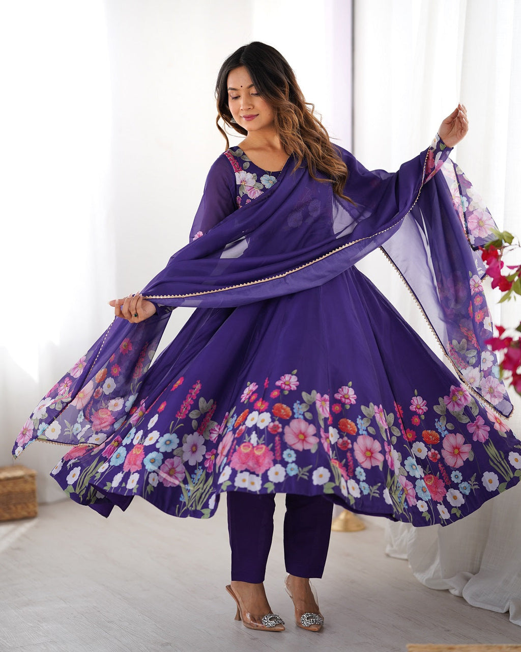 Evanik Purple Soft Organza Silk With Floral Print Fully Flared Anarkali Pant With Dupatta Set | Grocsy