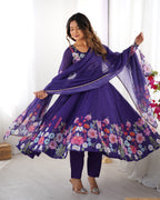 Evanik Purple Soft Organza Silk With Floral Print Fully Flared Anarkali Pant With Dupatta Set | Grocsy