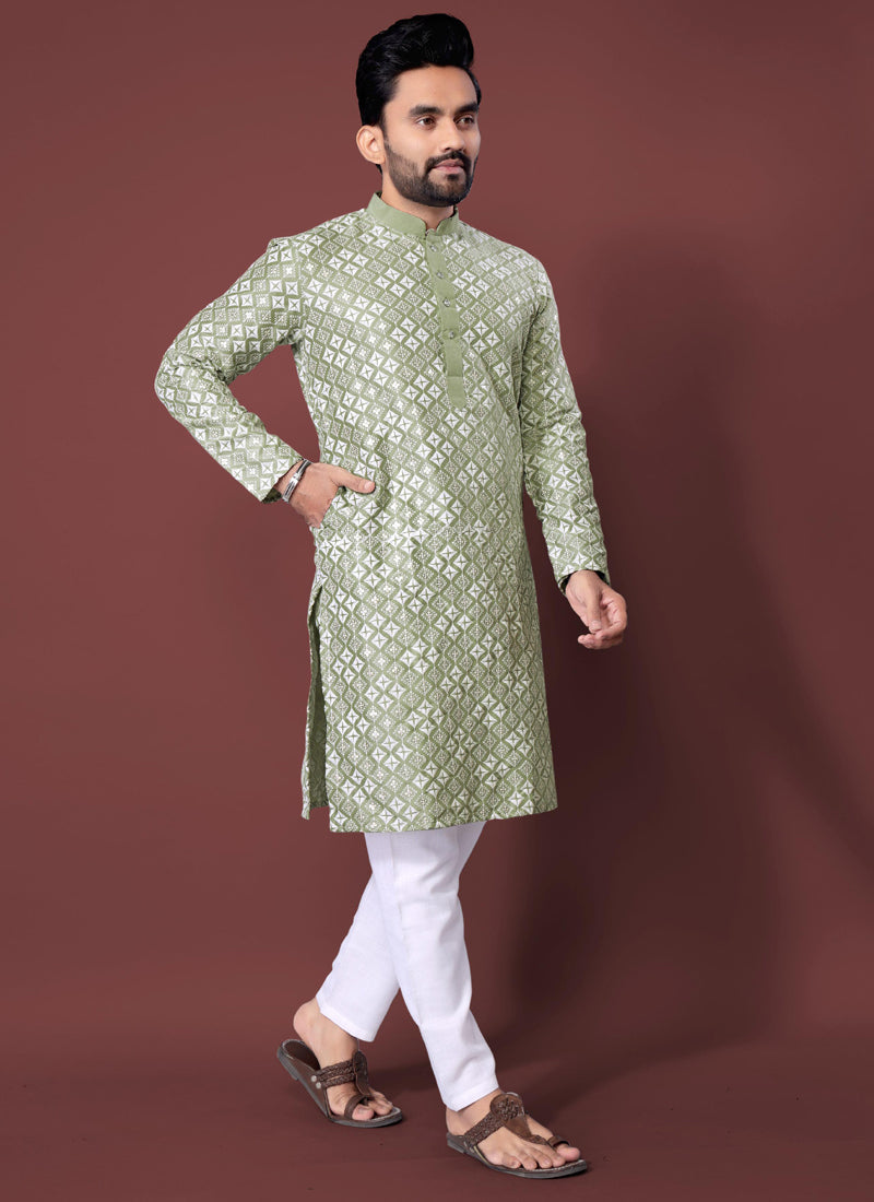 Prazu Fashion Light Pista Silk Embroidered Thread Work Kurta | Grocsy