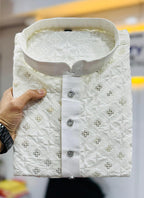 Prazu Fashion Off White Silk Embroidered Thread Work Kurta | Grocsy