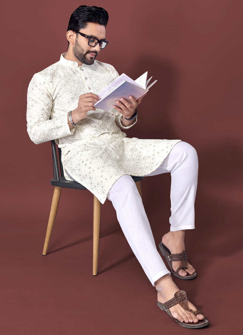 Prazu Fashion Off White Silk Embroidered Thread Work Kurta | Grocsy