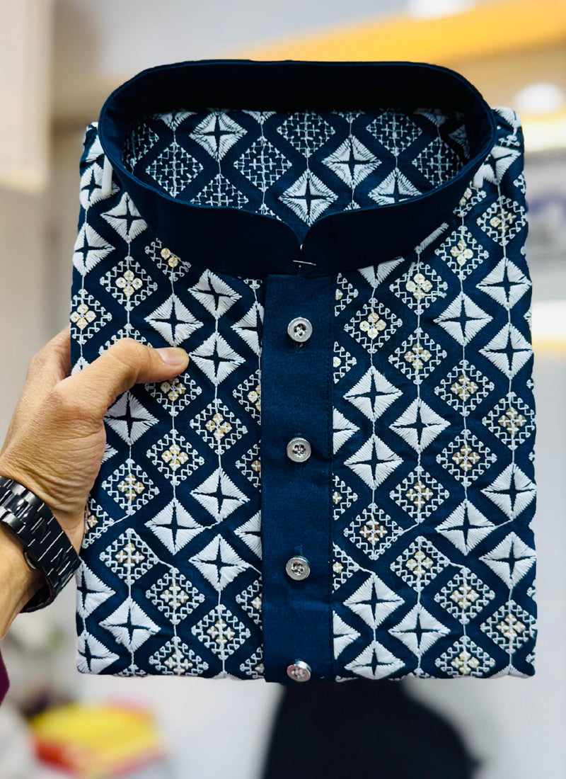 Prazu Fashion Royal Blue Silk Embroidered Thread Work Kurta | Grocsy