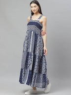 Myshka Navy Blue And White Geometric Printed Maxi Tiered Dress | Grocsy