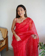Vamsee Anushka Red Organza Saree | Grocsy