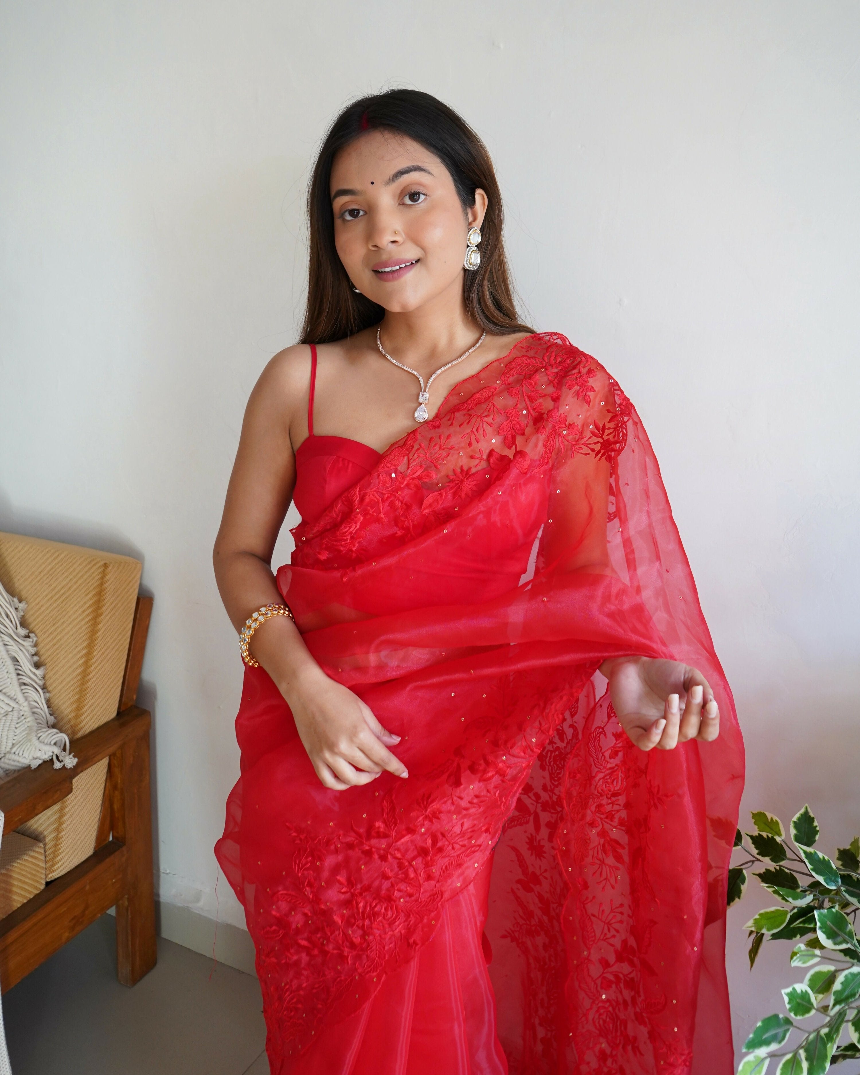 Vamsee Anushka Red Organza Saree | Grocsy