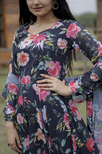Aayaa Designer Printed Georgette Full Flare Gown With Dupatta - Multi Color | Grocsy