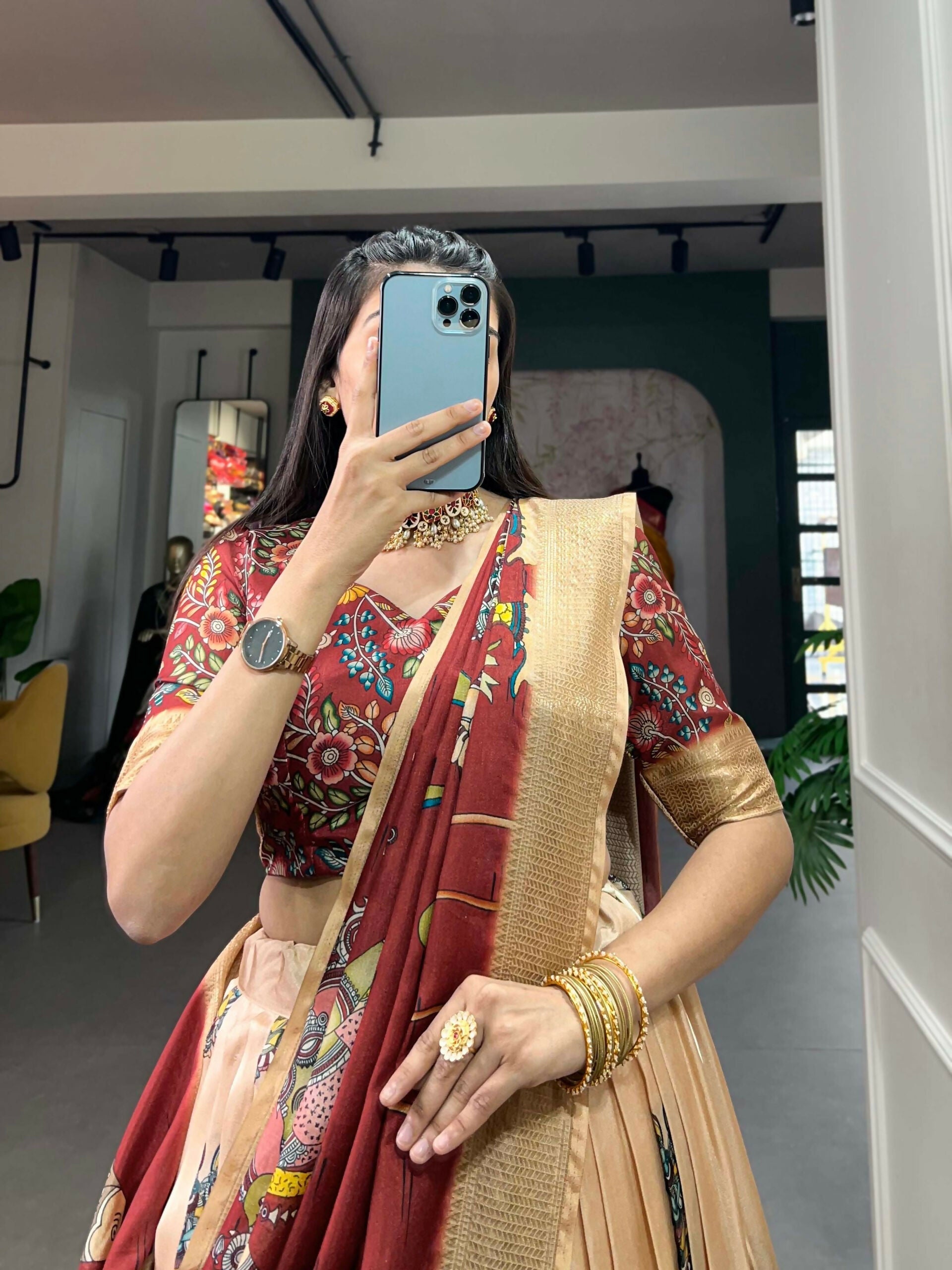 Vastranavya Kalamkari Print With Weaving Border Lehenga with Unstitched Blouse - Cream | Grocsy