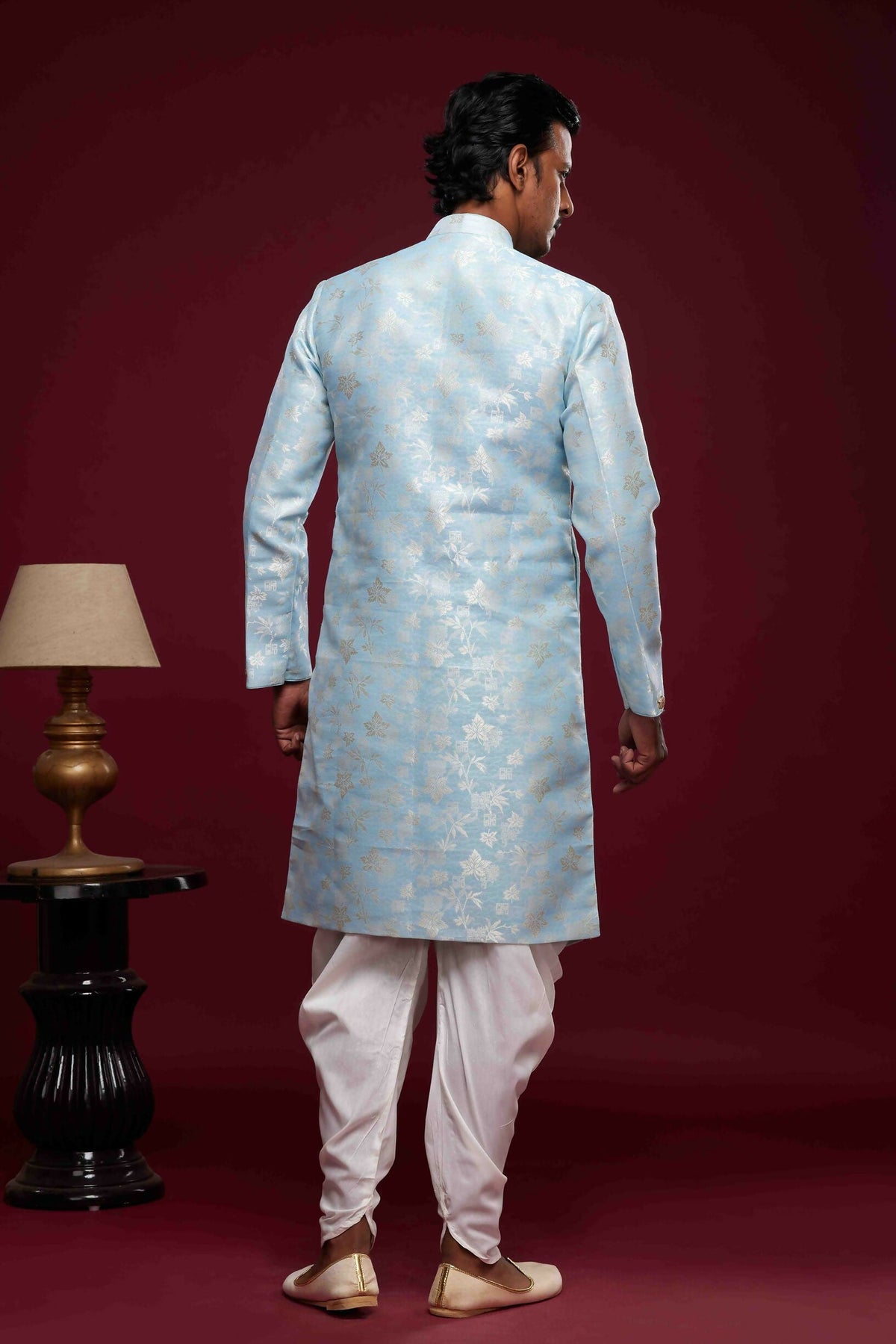 Raivat Ethnic Banarasi Jacquard Embroidery Semi Indo Western Sherwani In Sky Blue Colour | Grocsy