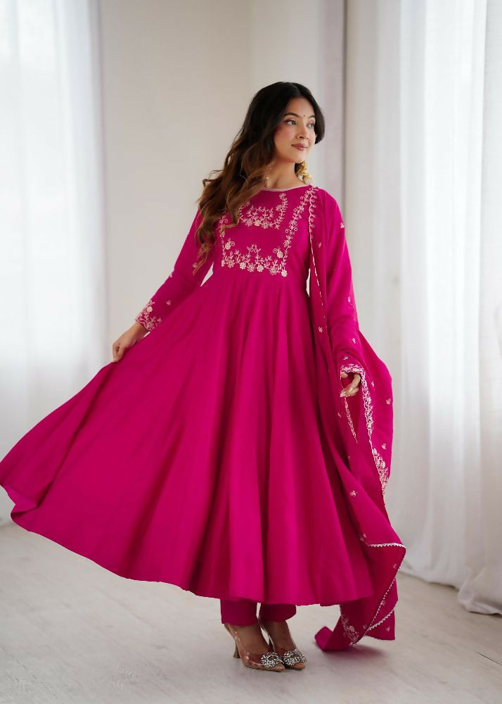 Joban Fashion Dark Pink Kurta Set Chanderi Sequence Embroidery Work | Grocsy