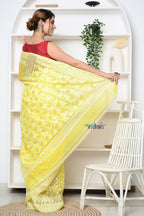 Very Much Indian Jamdhani Cotton Saree With Polka Dot Pallu - Lime Yellow | Grocsy