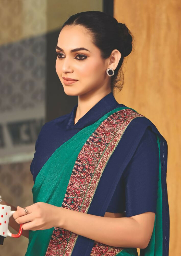 Joban Fashion Green Crepe Silk with Traditional Print Saree | Grocsy