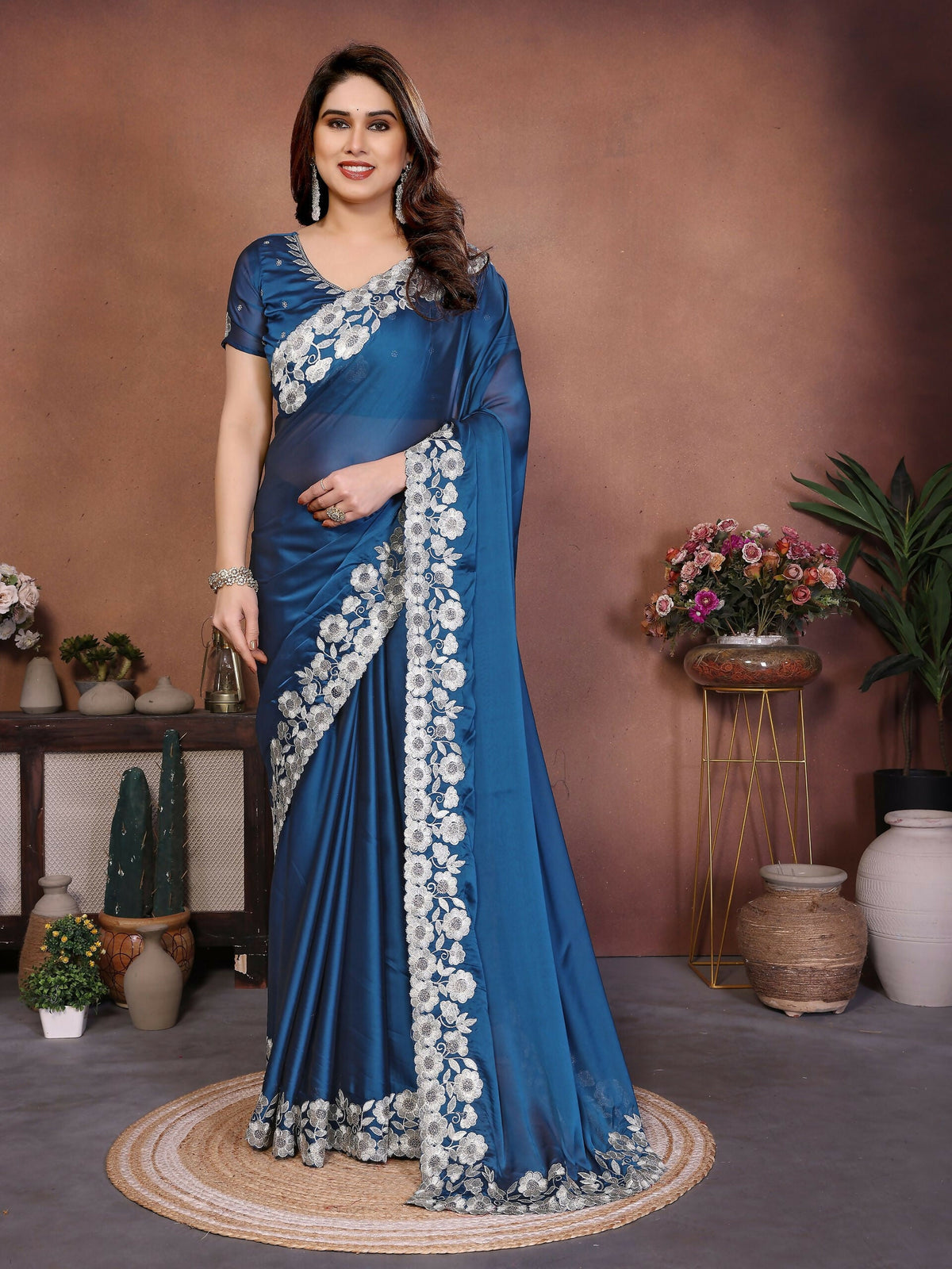 Teeya Creation New Trendy Stylish Party Wear Silk Saree-Blue | Grocsy