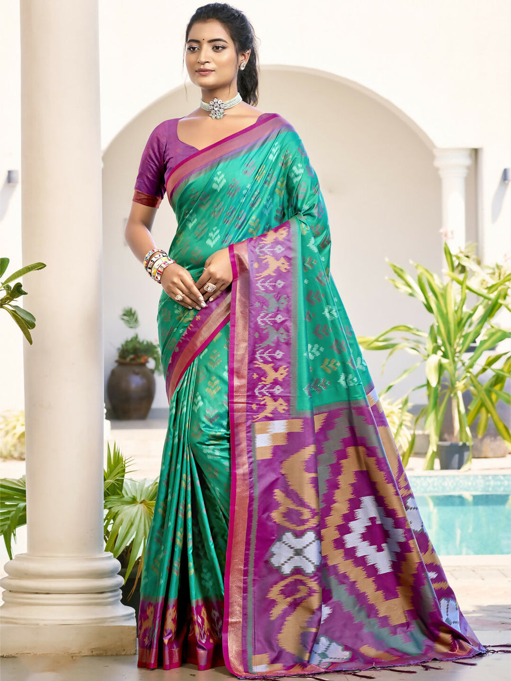 Shree Shyam Fashion Pochampalli Silk Rama Green Saree | Grocsy