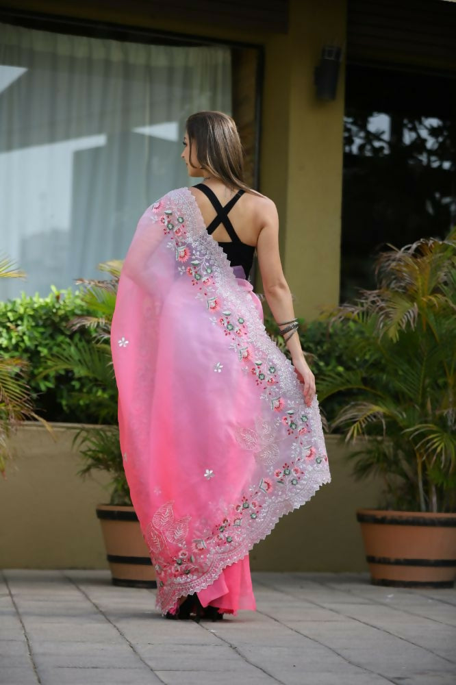 Vamsee Sanyogita Sanyogita - Pink Organza Saree | Grocsy