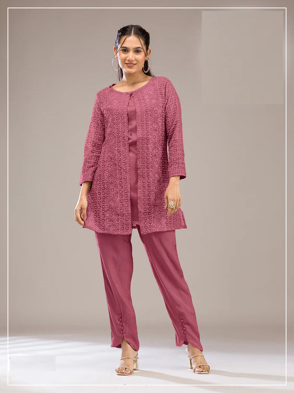 Teeya Creation Pink Color Faux Georgette Party Wear Designer Co Ord Set | Grocsy
