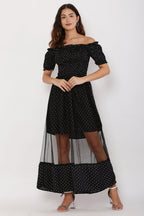 PAVONINE Black Color Micro Dot Net Kansai Dress For Women | Grocsy