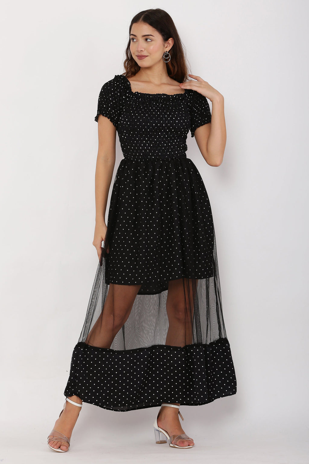 PAVONINE Black Color Micro Dot Net Kansai Dress For Women | Grocsy