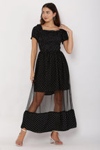 PAVONINE Black Color Micro Dot Net Kansai Dress For Women | Grocsy