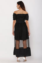PAVONINE Black Color Micro Dot Net Kansai Dress For Women | Grocsy