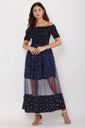 PAVONINE Navy Blue Color Star Dot Net Kansai Dress For Women | Grocsy