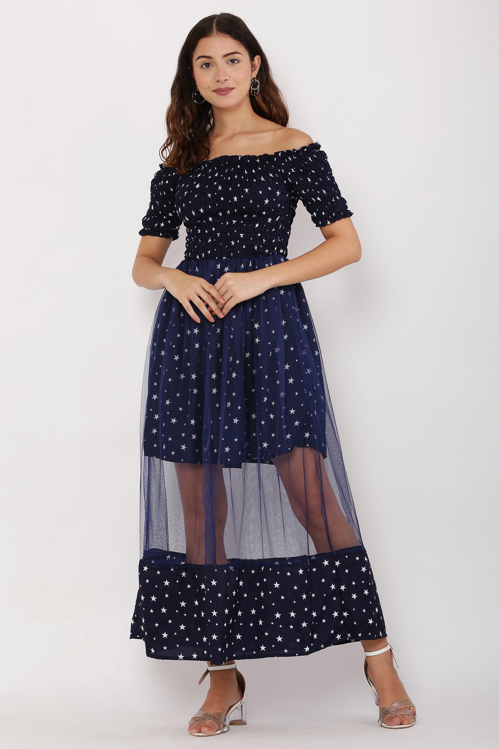 PAVONINE Navy Blue Color Star Dot Net Kansai Dress For Women | Grocsy