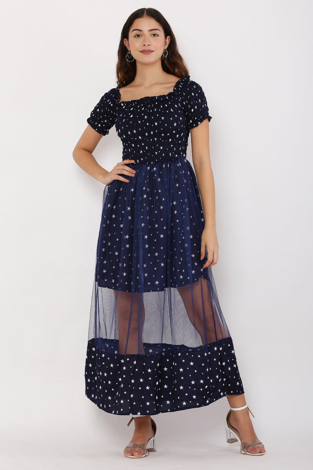 PAVONINE Navy Blue Color Star Dot Net Kansai Dress For Women | Grocsy