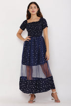 PAVONINE Navy Blue Color Star Dot Net Kansai Dress For Women | Grocsy