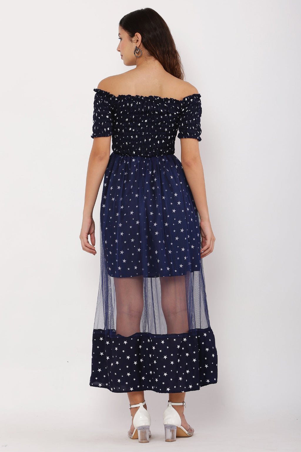 PAVONINE Navy Blue Color Star Dot Net Kansai Dress For Women | Grocsy