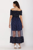 PAVONINE Navy Blue Color Star Dot Net Kansai Dress For Women | Grocsy