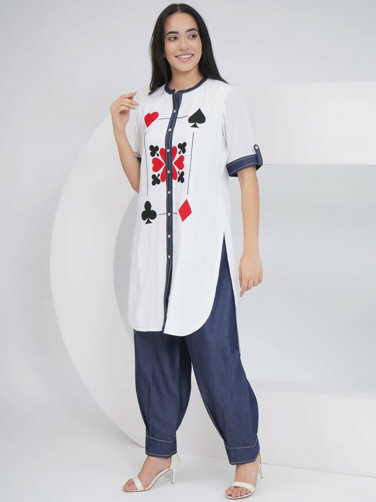 Joban Fashion White Rayon Crepe Applique Embroidered Shirt with Afghani Pants | Grocsy