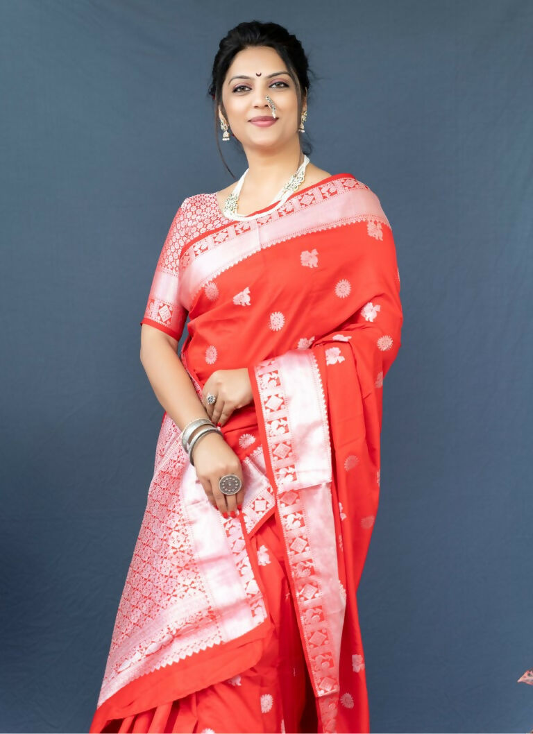 Jyoti Fashion Women's Red Soft Banarasi Silk Zari Woven Saree with Blouse | Grocsy