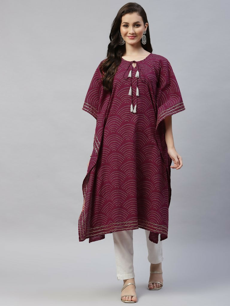 Miravan Women's Floral Printed Cotton Kaftan Kurta In Magenta | Grocsy
