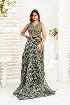Joban Fashion Grey  Geomatric Color Block Linen Ready To Wear Saree With Unstitched Blouse | Grocsy