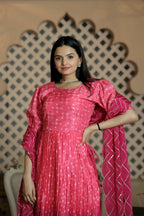 Jyoti Fashion Women's Pink Muslin Floral Print with Crush Pleating Kurta with Trouser & Dupatta | Grocsy