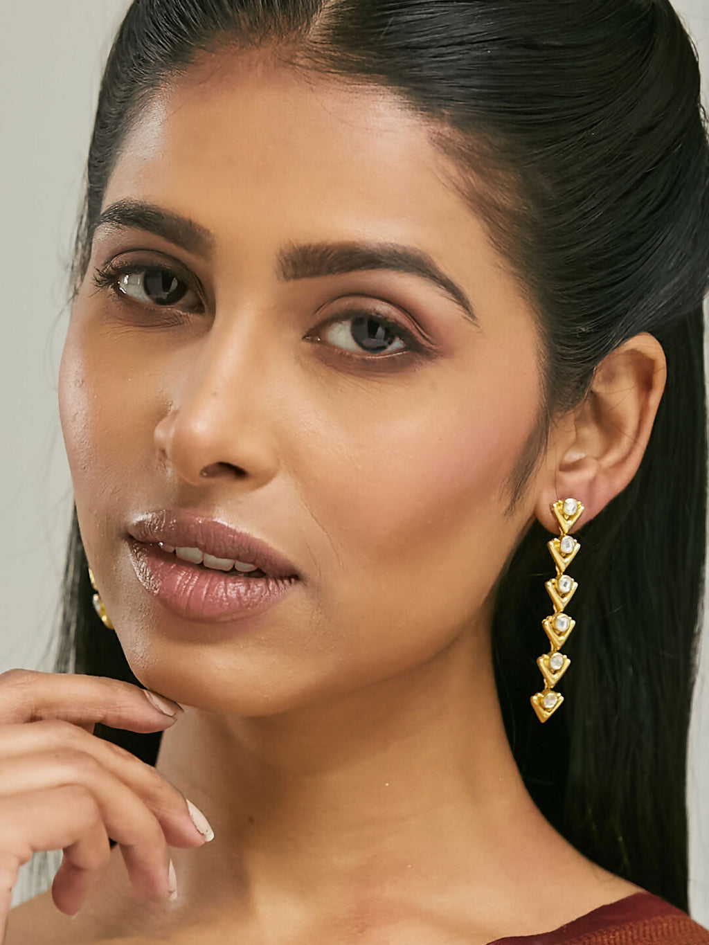 Nuyug 18K Gold-Plated Crystal Stone Studded Triangular Drop Sleek Earrings | Grocsy