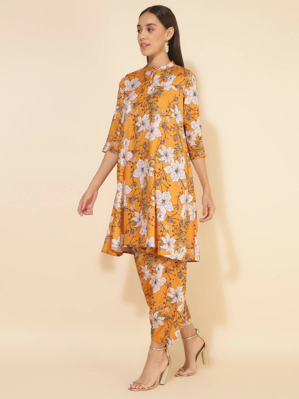 Janasya Women's Mustard Moss Digital Floral Printed Casual A-line Co-ords | Grocsy