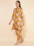 Janasya Women's Mustard Moss Digital Floral Printed Casual A-line Co-ords | Grocsy