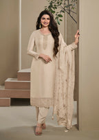 Anaita Beige Heavy Natural Crepe Stitched Suit with Embroidery & Zarkhan Work | Grocsy