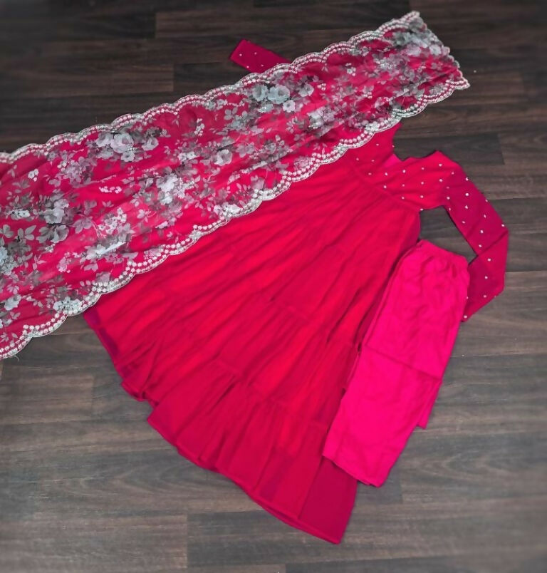 Jyoti Fashion Women's Pink Faux Blooming Butti Work Kurta with Trouser & Dupatta | Grocsy