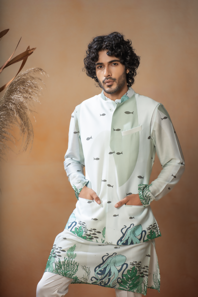 Seabed Serenity Cotton Satin Nehru Jacket by Hilo Design | Grocsy