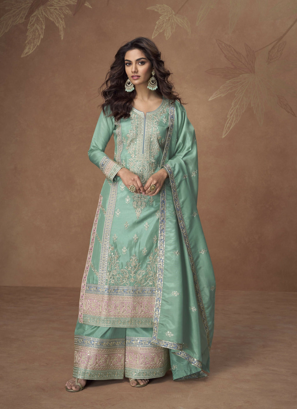 Anaita Sea-Green Chinon Readymade Palazzo Suit with Embroidery Sequence Work | Grocsy