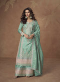 Anaita Sea-Green Chinon Readymade Palazzo Suit with Embroidery Sequence Work | Grocsy