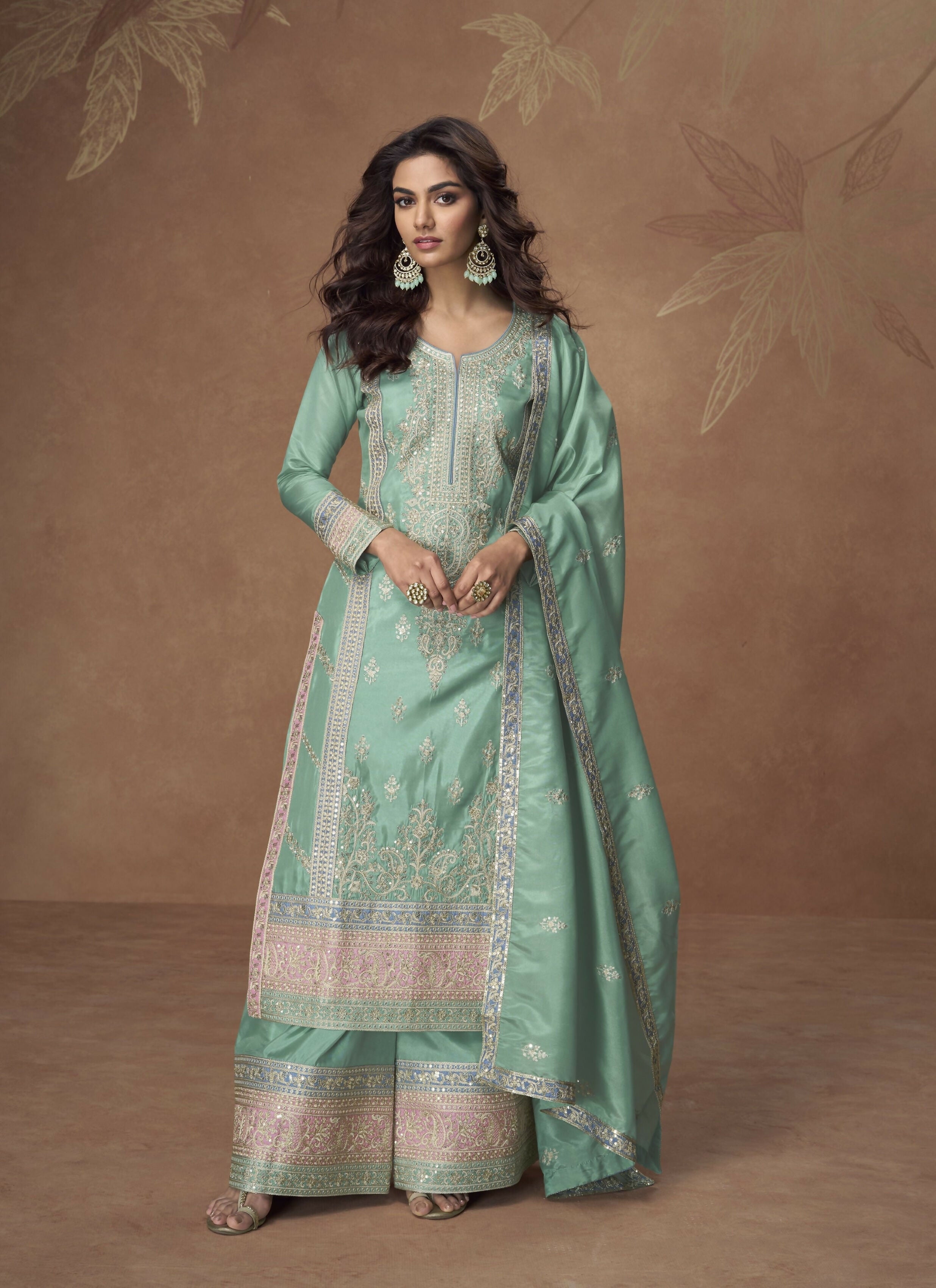 Anaita Sea-Green Chinon Readymade Palazzo Suit with Embroidery Sequence Work | Grocsy