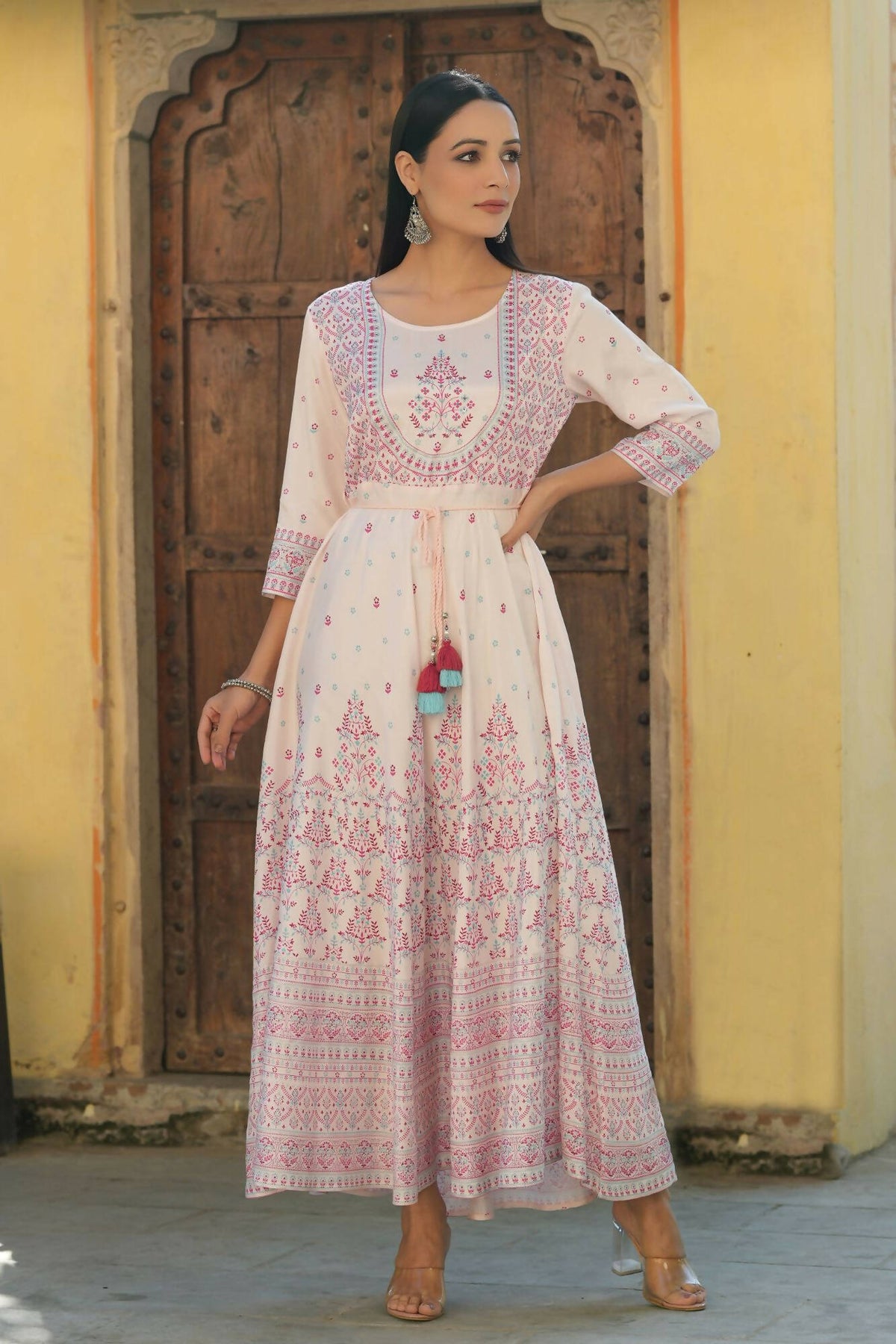 Juniper Women's Pink Viscose Shantoon Festive Printed Flared Dress | Grocsy