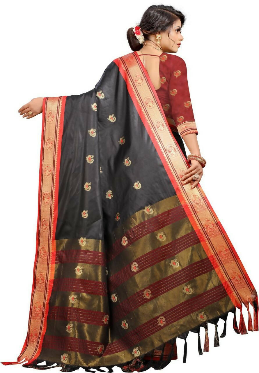 DEIANA'S Beautiful Designer Golden zari Soft Lichi Silk Saree - Black | Grocsy