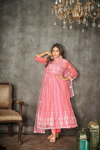 Jyoti Fashion Women's Baby Pink Net Embroidered Anarkali Kurta Pant Set With Dupatta | Grocsy