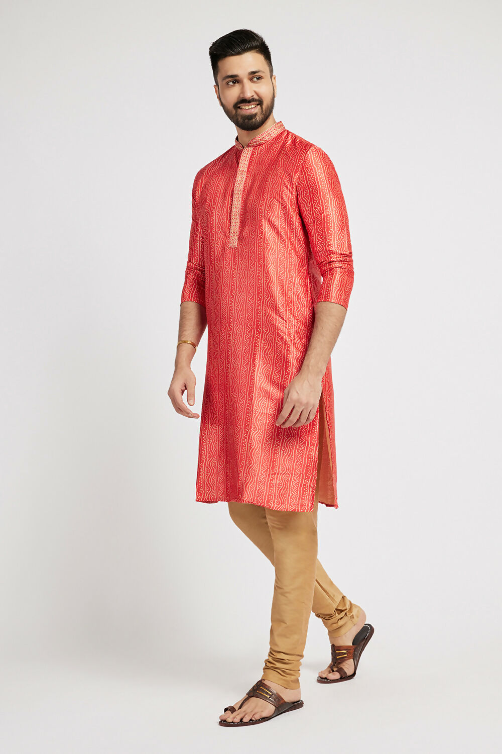 Ethnic India Red Men's Kurta Bandhani Polyester | Grocsy