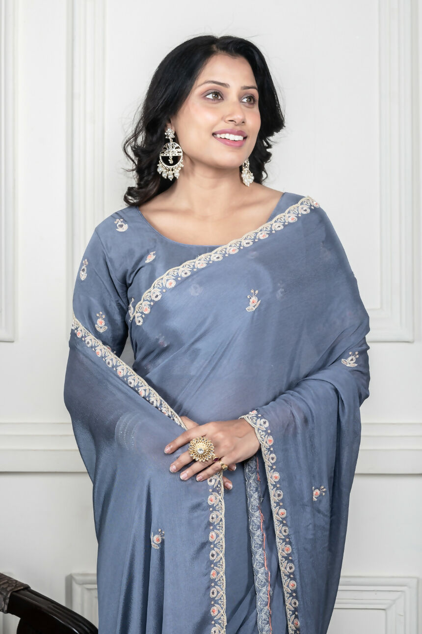 Morchari Grey Chiffon Hand Embroidery Saree And Stitched Blouse | Grocsy