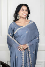 Morchari Grey Chiffon Hand Embroidery Saree And Stitched Blouse | Grocsy